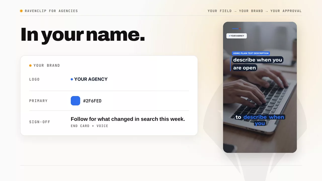 A Ravenclip desk turning this week's search news into a branded video, approved and posted